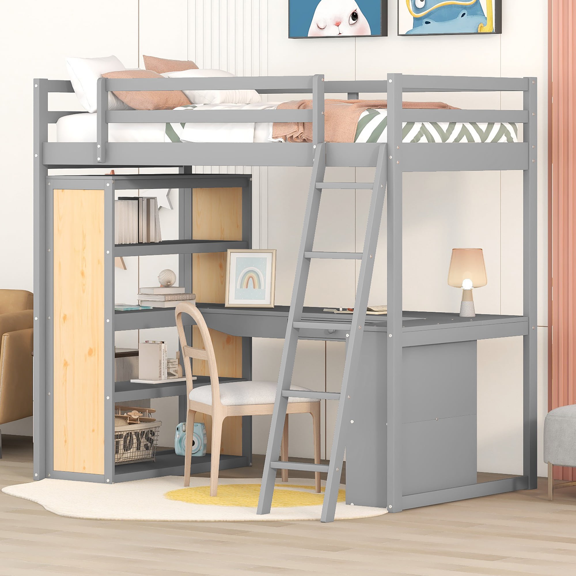 Wooden Twin Size Loft Bed with Ladder, Shelves, and Desk