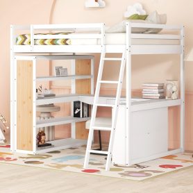 Wooden Full Size Loft Bed with Ladder, Shelves, and Desk