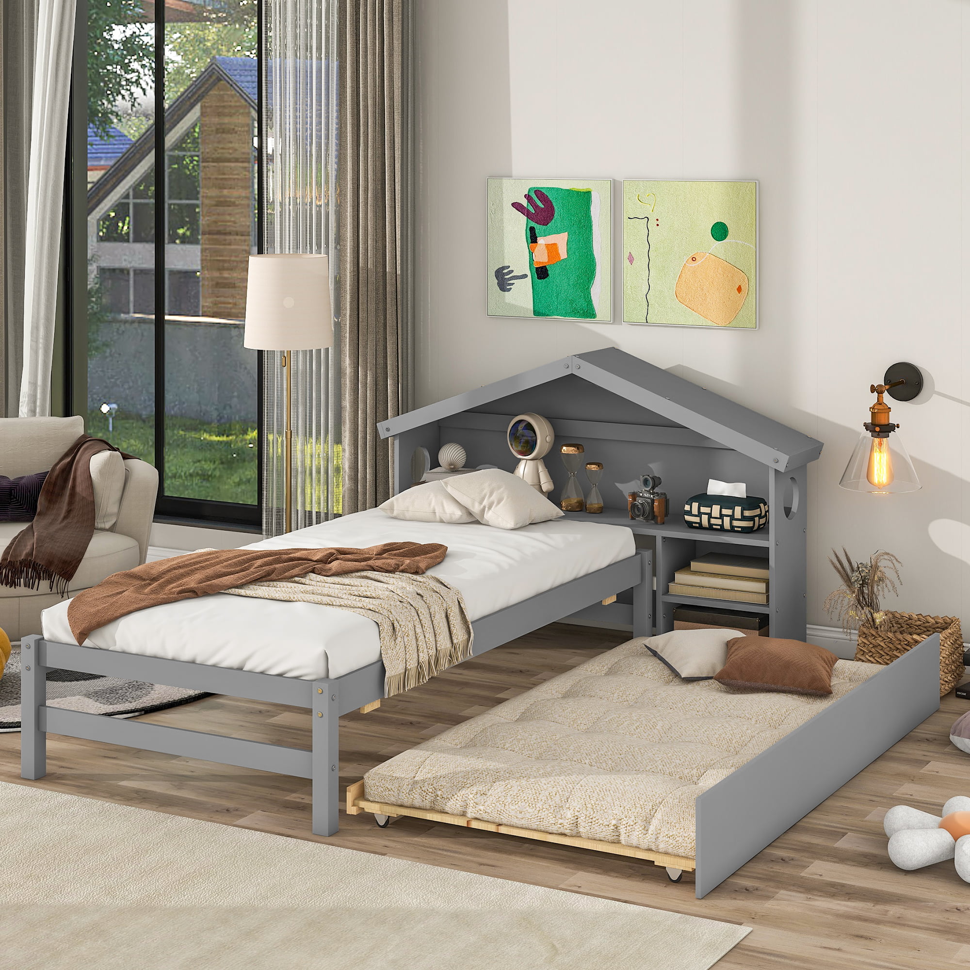 House Shape Twin Size Bed With Bedside Table, Trundle