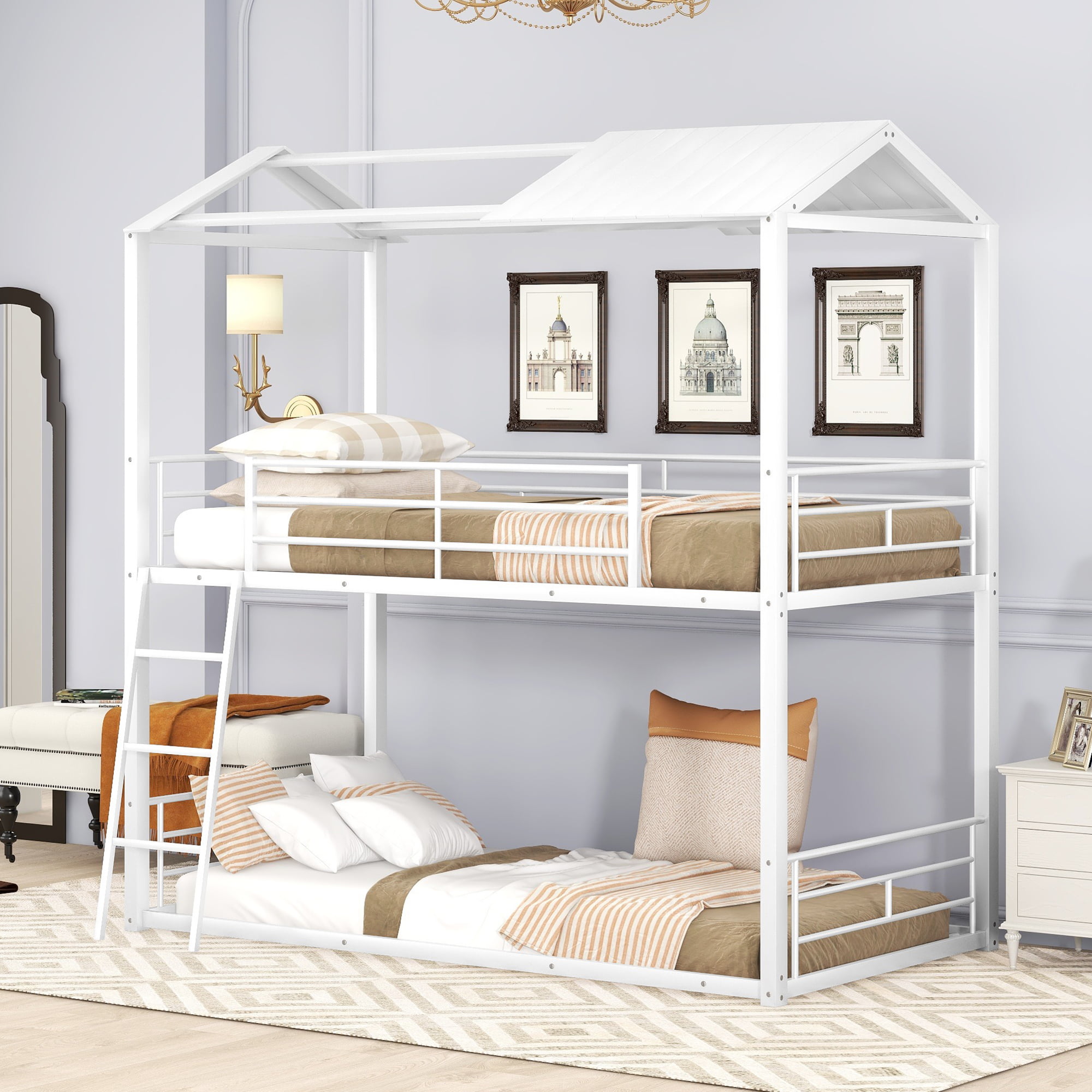 Metal Twin Over Twin Bunk Bed with Half Roof, Guardrail and Ladder