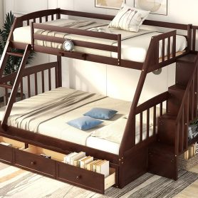 Twin over Full Bunk Bed With Drawers, Ladder and Storage Staircase