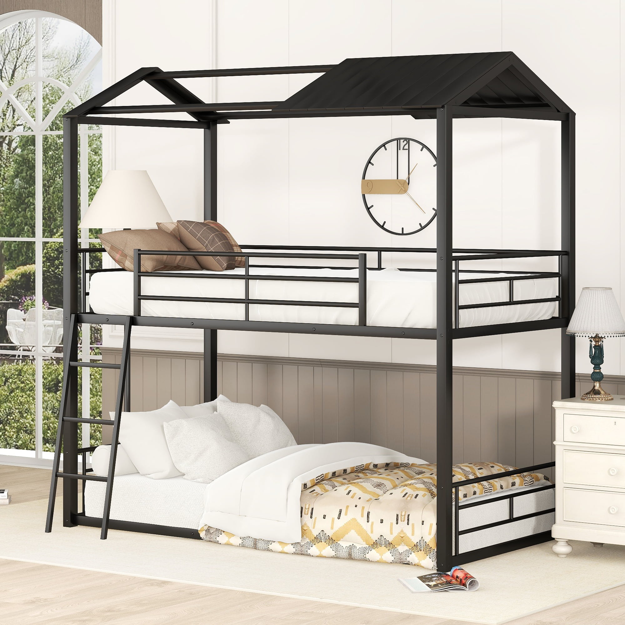 Metal Twin Over Twin Bunk Bed with Half Roof, Guardrail and Ladder