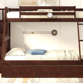 Twin over Full Bunk Bed With Drawers, Ladder and Storage Staircase