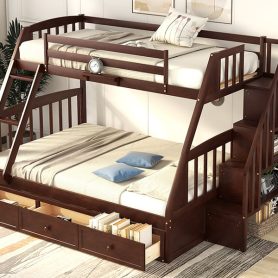 Twin over Full Bunk Bed With Drawers, Ladder and Storage Staircase