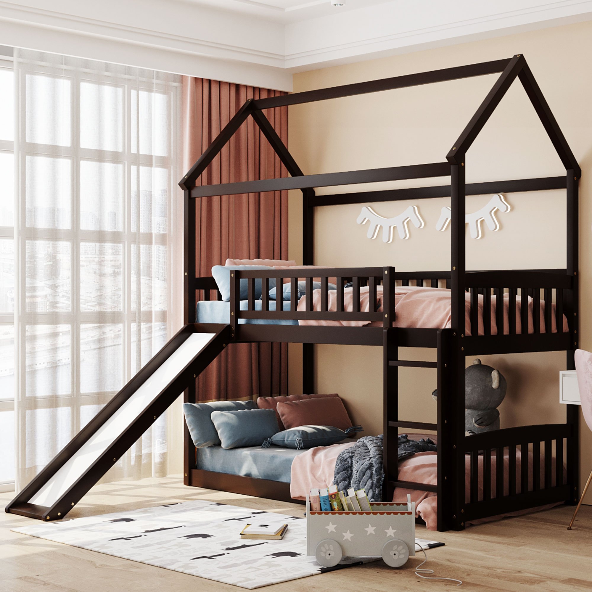 House Shaped Low Twin Over Twin Bunk Bed With Slide