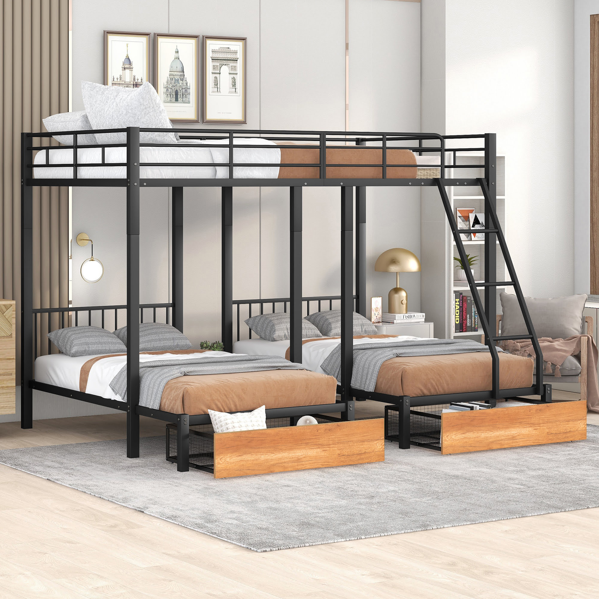 Metal Full Over Twin & Twin Bunk Bed With Drawers And Guardrails