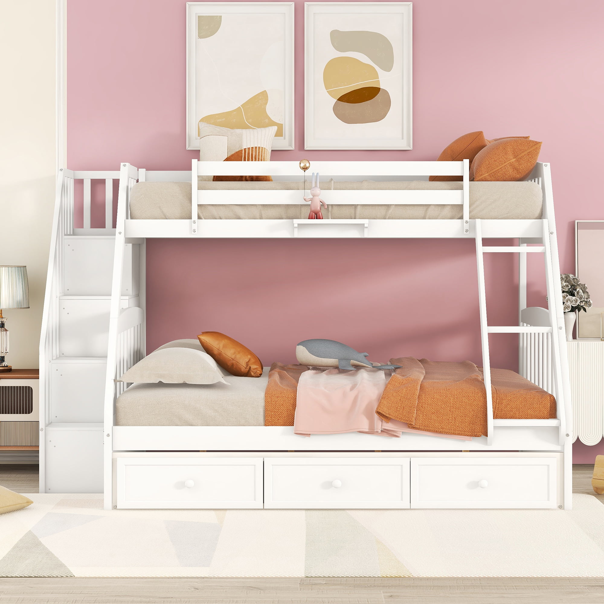 Twin over Full Bunk Bed With Drawers, Ladder and Storage Staircase
