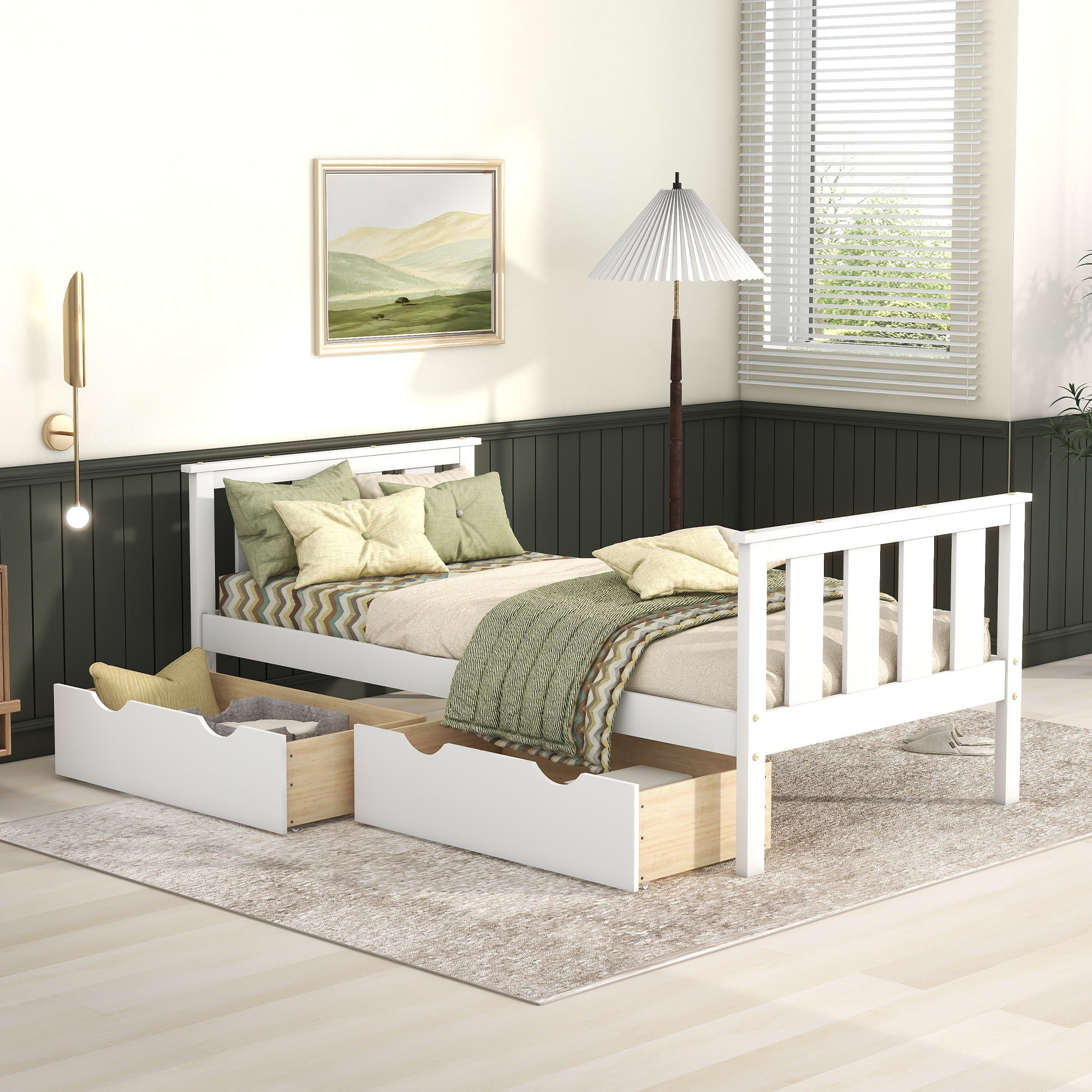Wood Twin Size Platform Bed With Storage Drawers