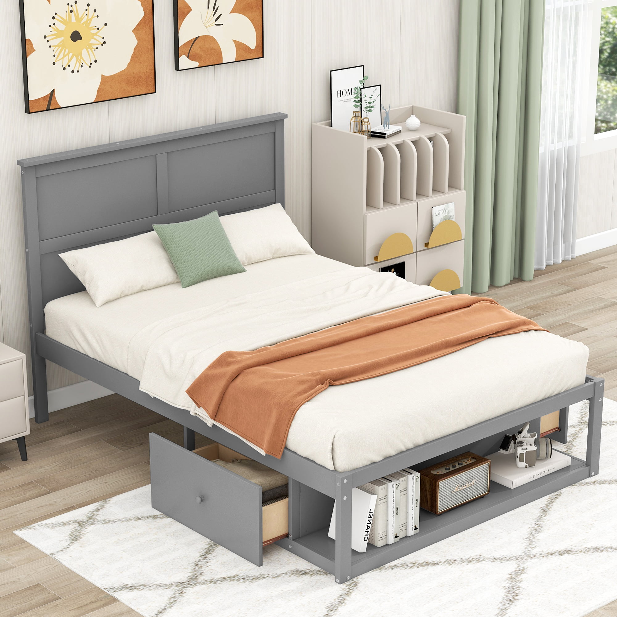 Full Size Platform Bed With Drawers And Shelf