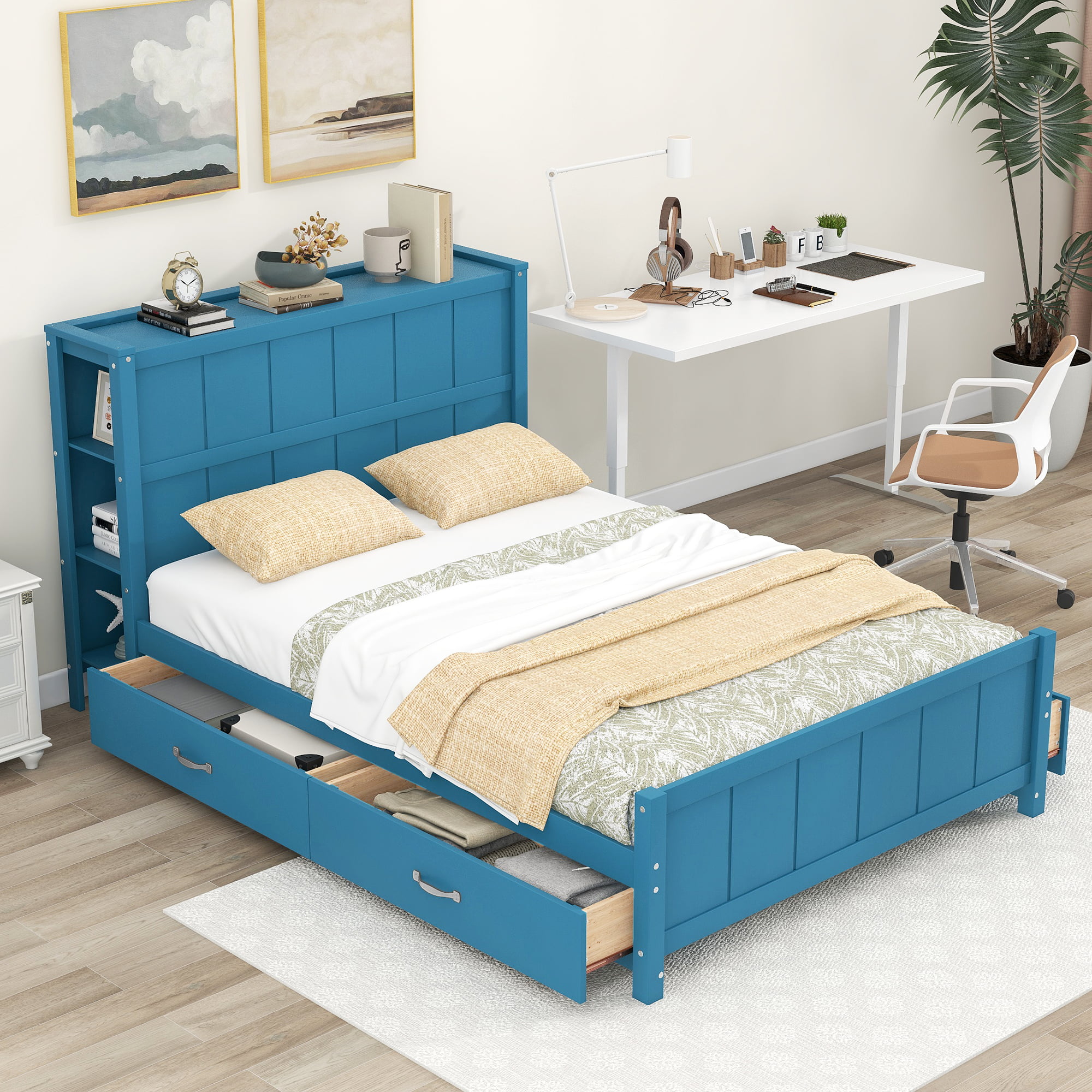 Full Size Platform Bed With Drawers And Storage Shelves