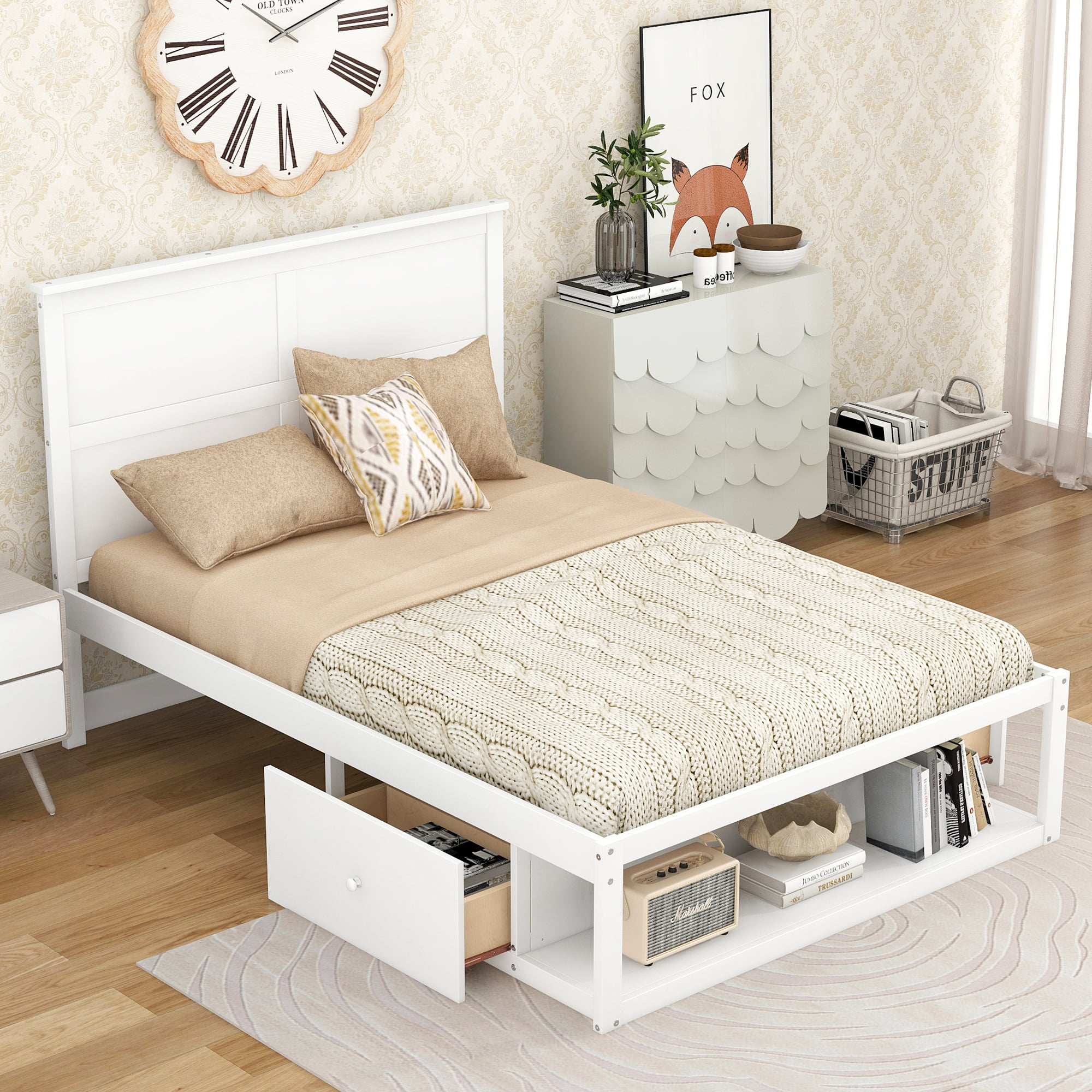 Full Size Platform Bed With Drawers And Shelf