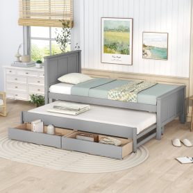 Twin Size Platform Bed with Trundle and Drawers