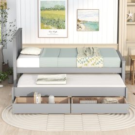 Twin Size Platform Bed with Trundle and Drawers