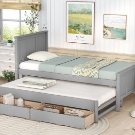 Twin Size Platform Bed with Trundle and Drawers