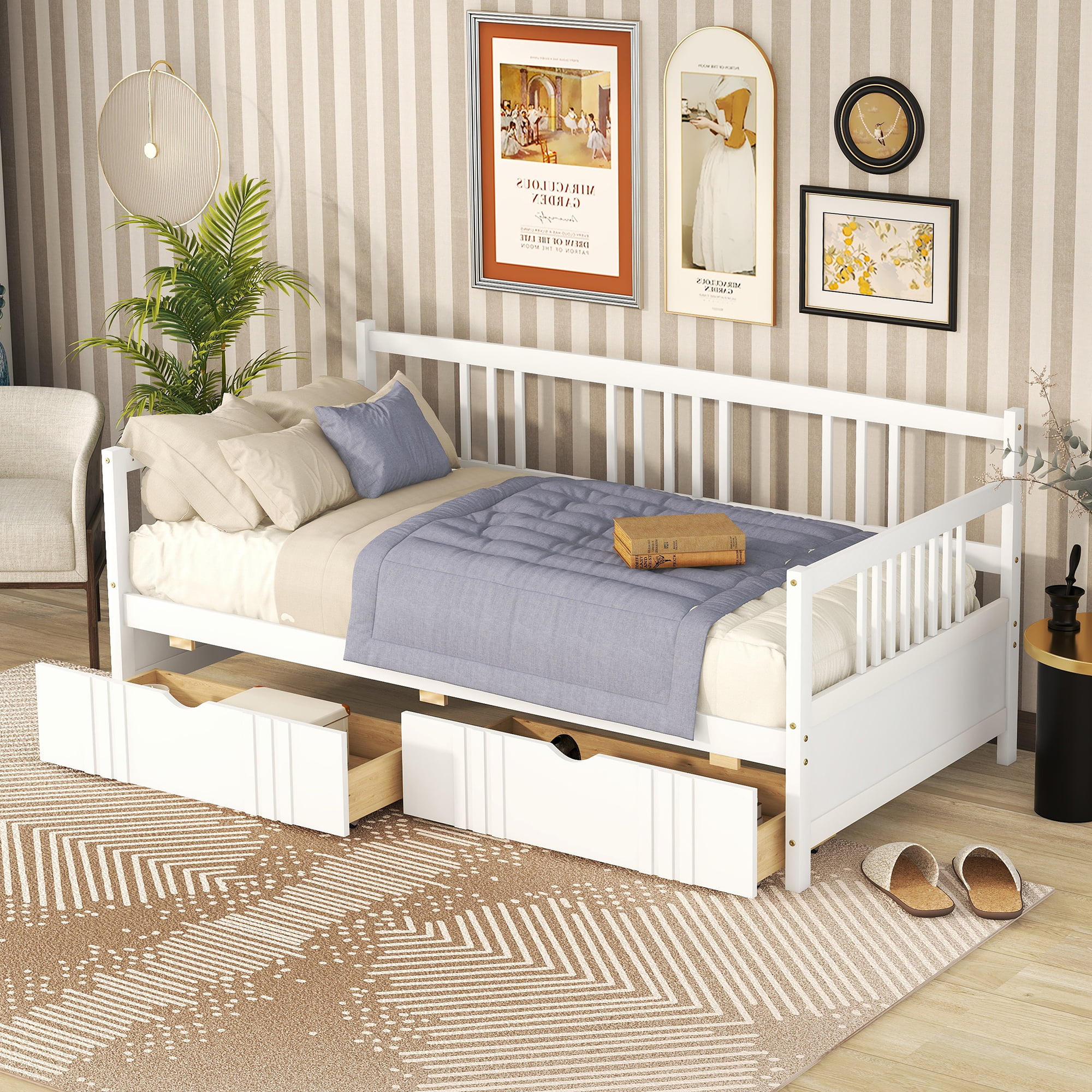Wood Twin Size Daybed Bed With Two Drawers