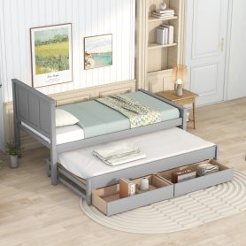 Twin Size Platform Bed with Trundle and Drawers