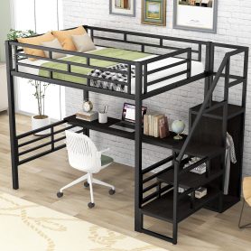 Full Size Metal Loft Bed with Desk, Storage Staircase and Wardrobe