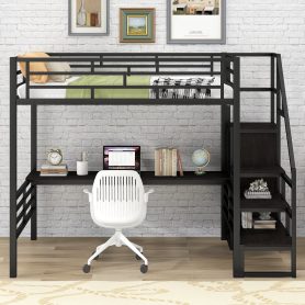 Full Size Metal Loft Bed with Desk, Storage Staircase and Wardrobe