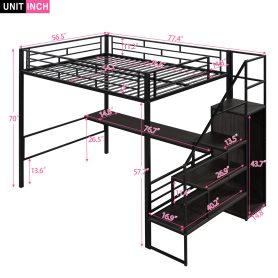Full Size Metal Loft Bed with Desk, Storage Staircase and Wardrobe