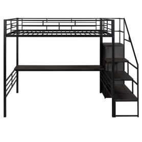 Full Size Metal Loft Bed with Desk, Storage Staircase and Wardrobe