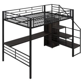 Full Size Metal Loft Bed with Desk, Storage Staircase and Wardrobe