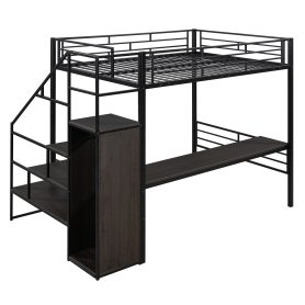 Full Size Metal Loft Bed with Desk, Storage Staircase and Wardrobe