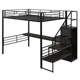 Full Size Metal Loft Bed with Desk, Storage Staircase and Wardrobe
