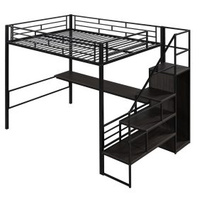 Full Size Metal Loft Bed with Desk, Storage Staircase and Wardrobe