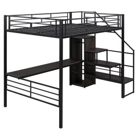 Full Size Metal Loft Bed with Desk, Storage Staircase and Wardrobe