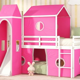 Twin Size Bunk Bed With Slide, Tent And Tower