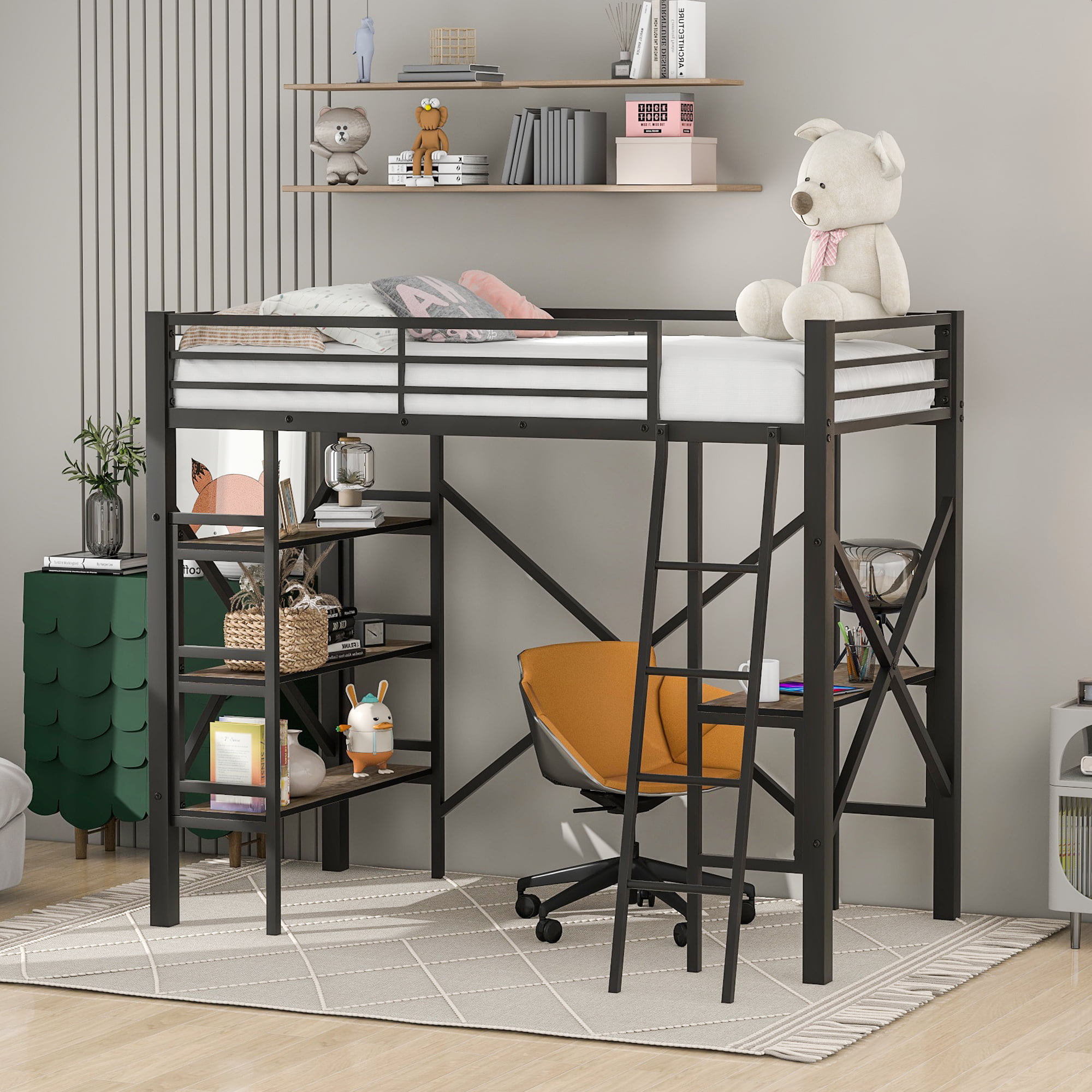 Twin Size Metal Loft Bed with Shelves and Desk