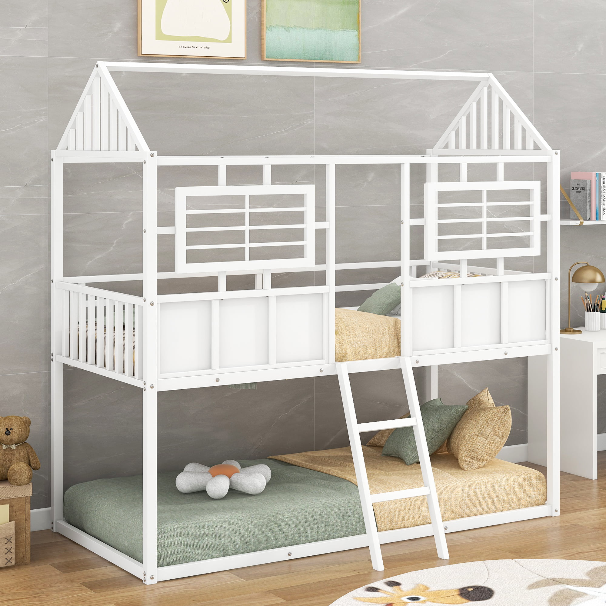 Metal Twin Over Twin Low Bunk Beds With Roof And Fence-Shaped Guardrail