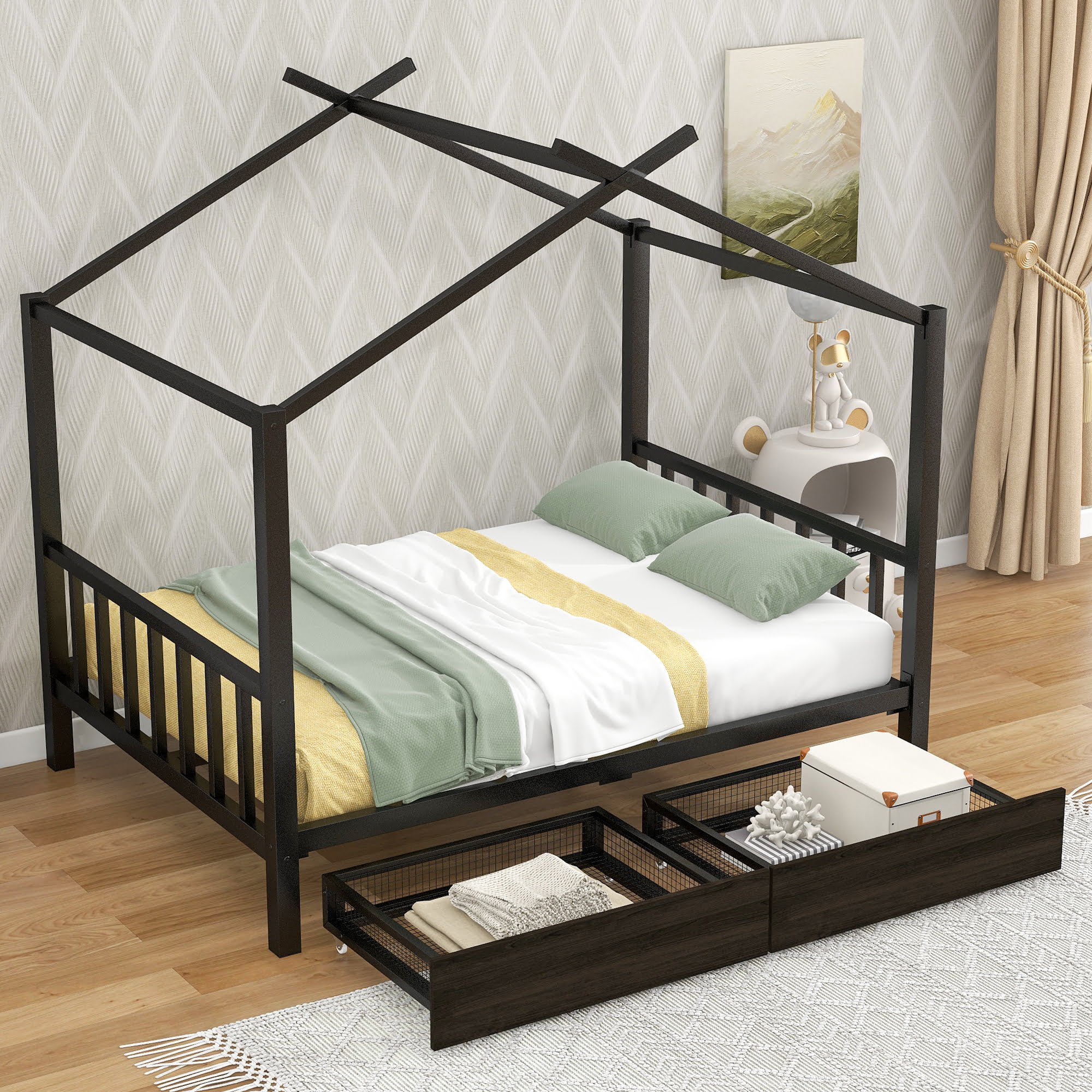 House Shape Full Size Metal Platform Bed with Two Drawers,Headboard and Footboard