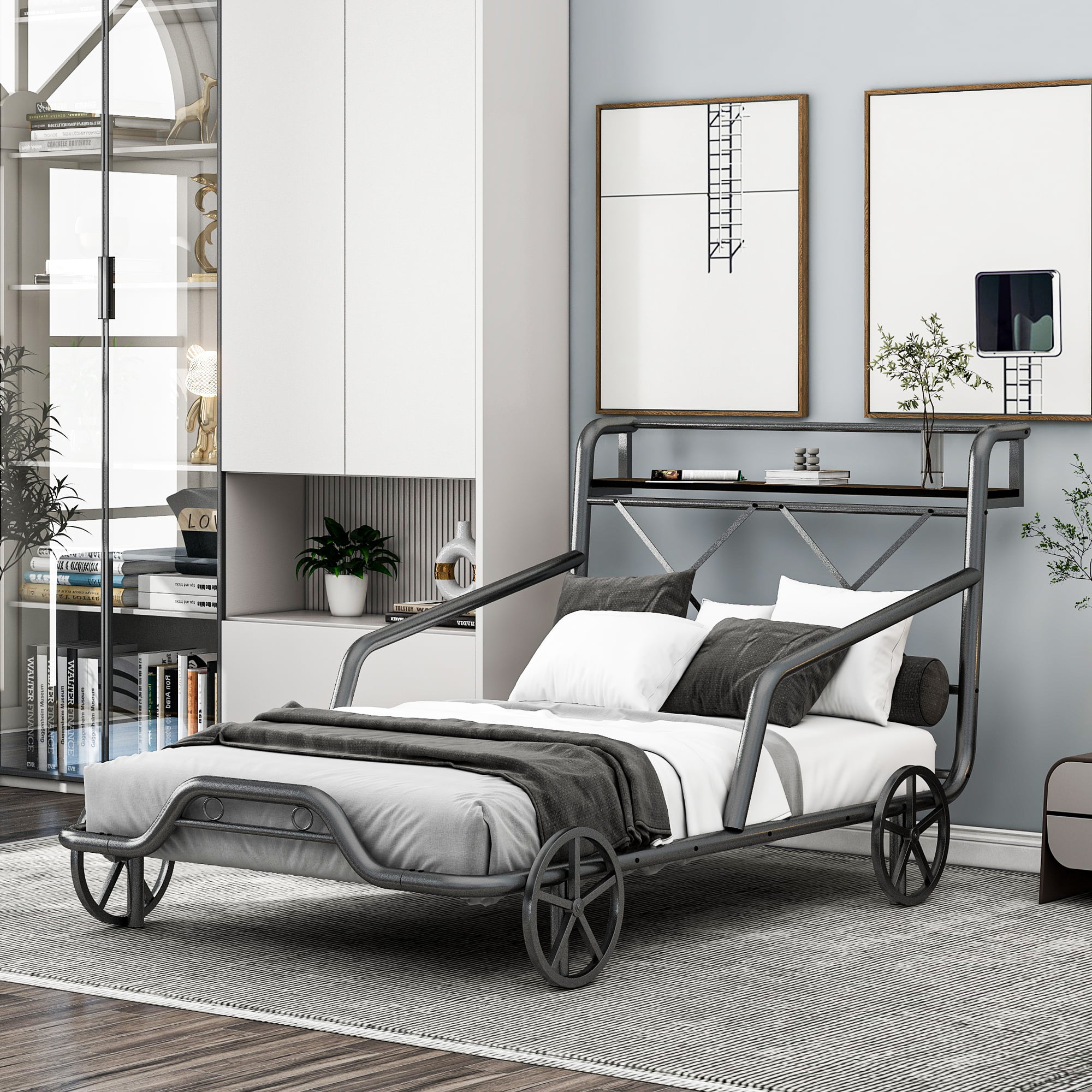 Twin Size Metal Car Bed with Four Wheels, Guardrails and X-Shaped Frame Shelf