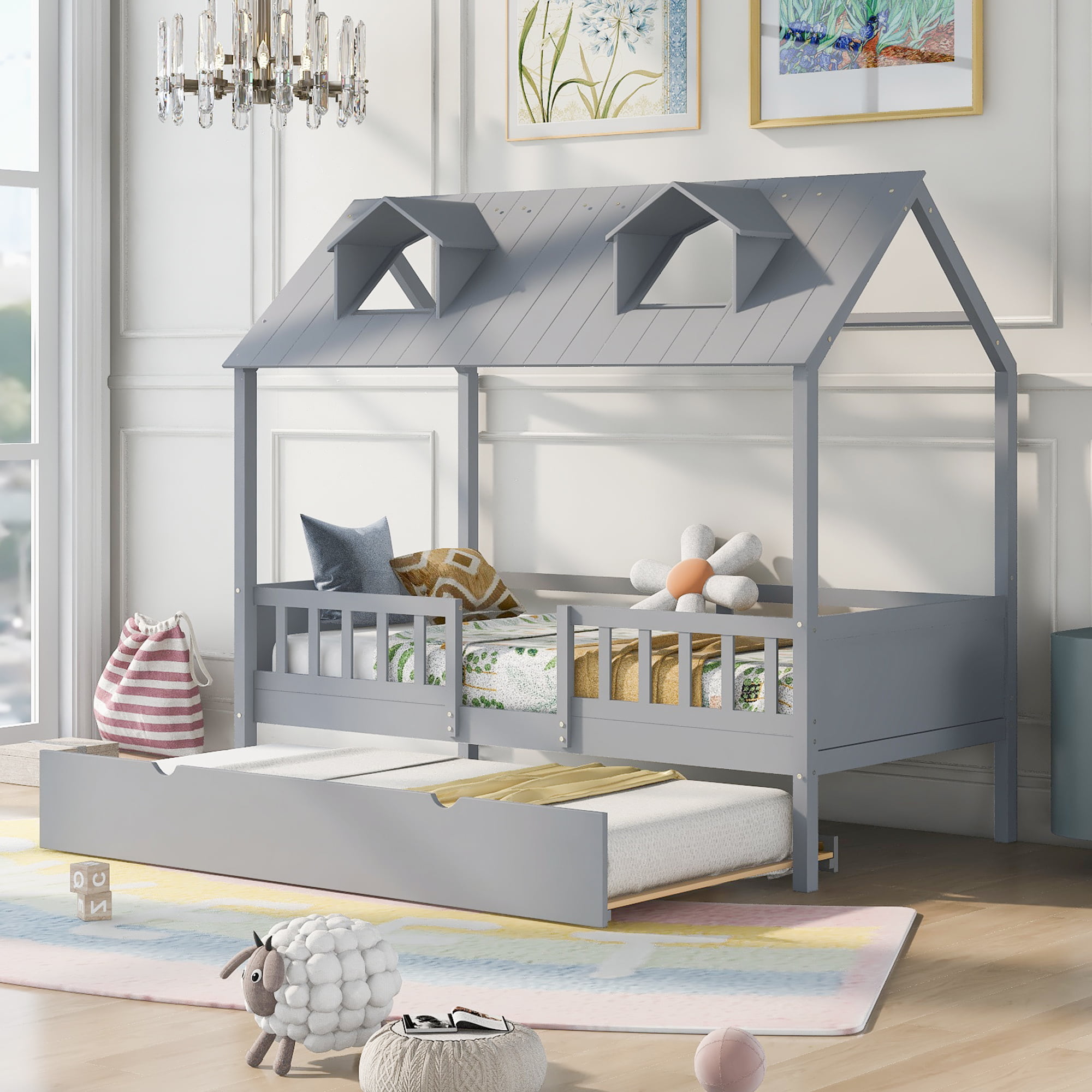 House Shape Twin Size Daybed With Twin Size Trundle