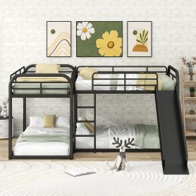 Metal Full And Twin Size L-Shaped Bunk Bed With Slide And Short Ladder