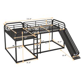 Metal Full And Twin Size L-Shaped Bunk Bed With Slide And Short Ladder