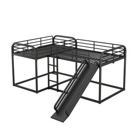 Metal Full And Twin Size L-Shaped Bunk Bed With Slide And Short Ladder