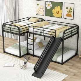 Metal Full And Twin Size L-Shaped Bunk Bed With Slide And Short Ladder