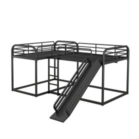 Metal Full And Twin Size L-Shaped Bunk Bed With Slide And Short Ladder
