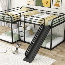 Metal Full And Twin Size L-Shaped Bunk Bed With Slide And Short Ladder