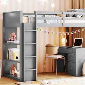 Twin Size Loft Bed With Ladder, Shelves, And Desk