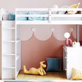 Full Size Loft Bed With Ladder, Shelves, And Desk