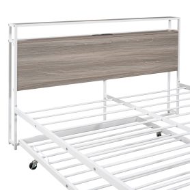 Metal Queen Size Platform Bed Frame With Trundle, USB Ports And Slat Support