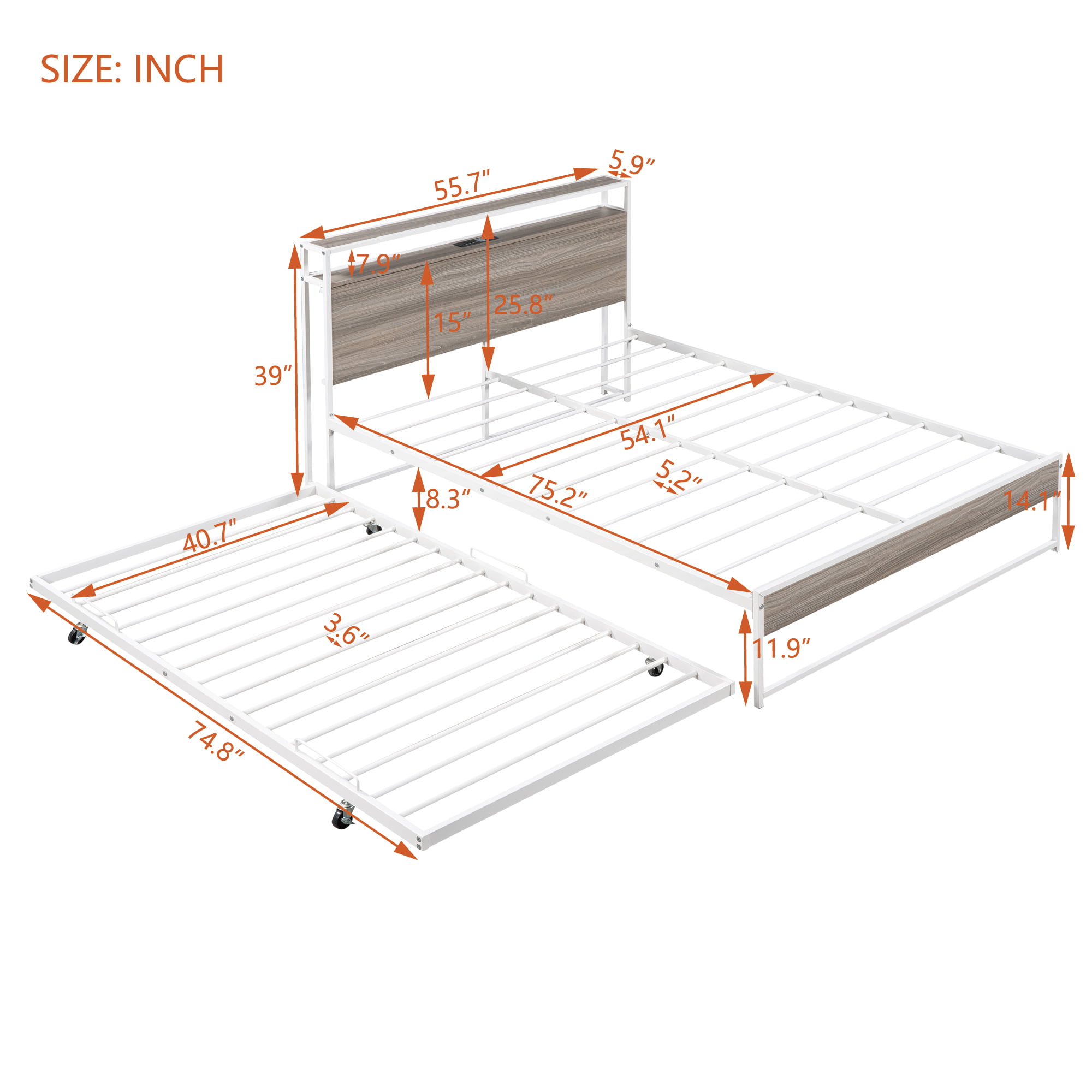 Metal Full Size Platform Bed Frame With Trundle, USB Ports And Slat Support 9 Metal Full Size Platform Bed Frame With Trundle, USB Ports And Slat Support
