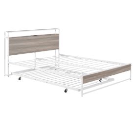 Metal Queen Size Platform Bed Frame With Trundle, USB Ports And Slat Support