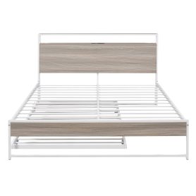 Metal Queen Size Platform Bed Frame With Trundle, USB Ports And Slat Support