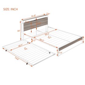 Metal Queen Size Platform Bed Frame With Trundle, USB Ports And Slat Support