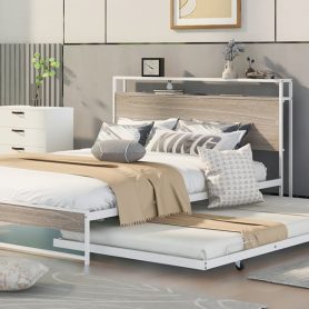 Metal Queen Size Platform Bed Frame With Trundle, USB Ports And Slat Support