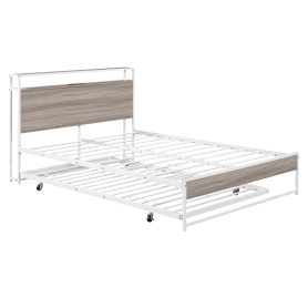 Metal Full Size Platform Bed Frame With Trundle, USB Ports And Slat Support
